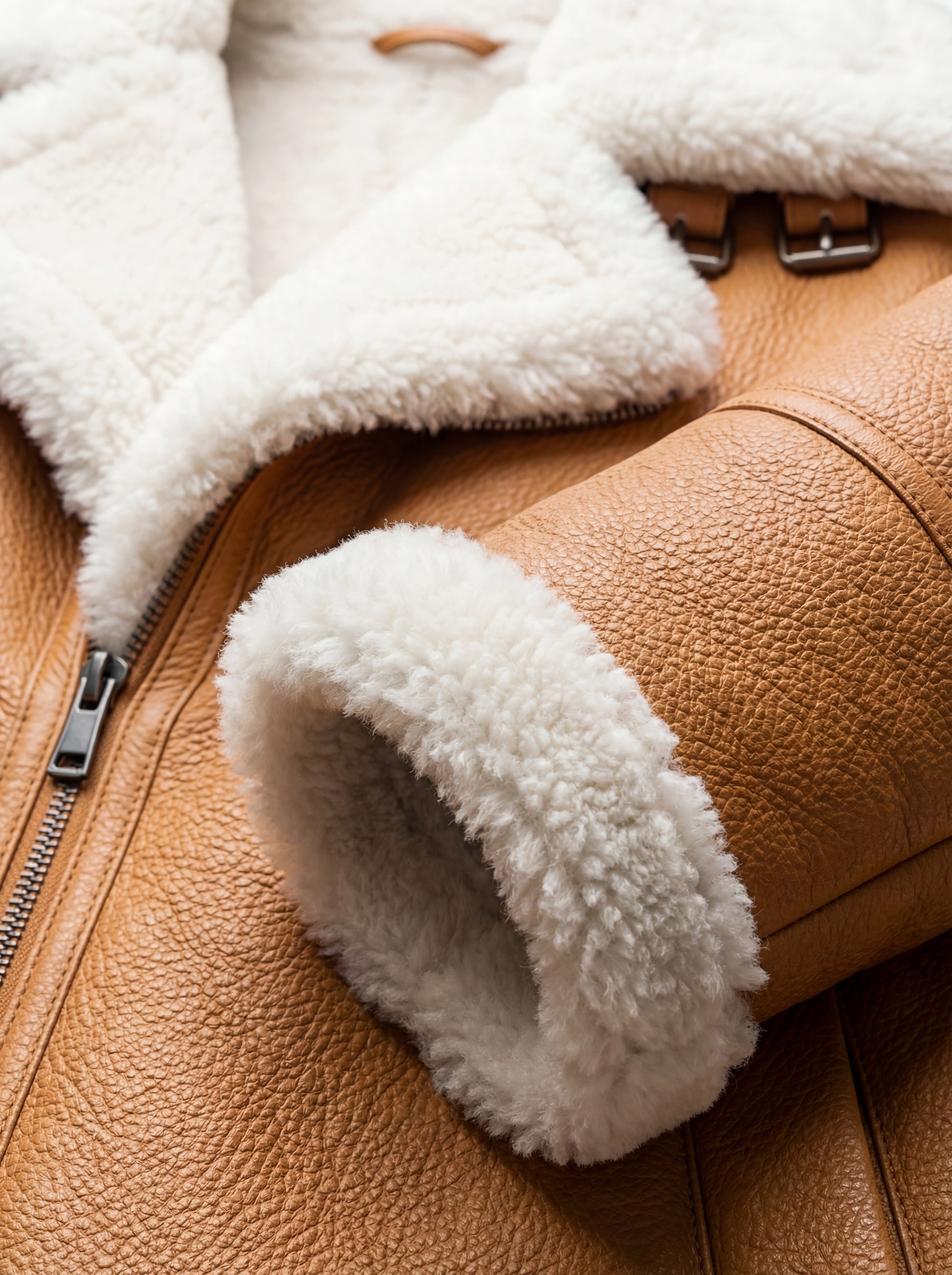 Macro shot of camel pebbled leather grain and plush white shearling texture on collar. The Flare by Maverick Jacket.
