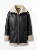 Women's black pebbled leather shearling aviator jacket with thick cream fur trim and silver zipper, Front View. The Lyra by Maverick Jacket.