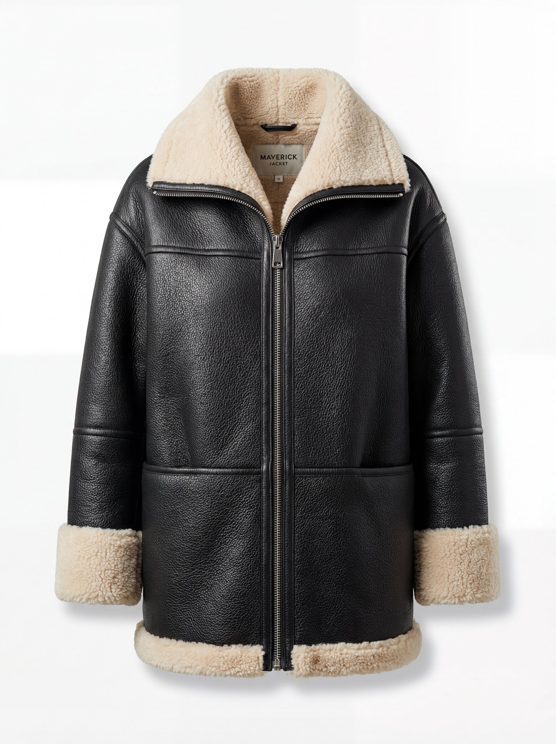Women's black pebbled leather shearling aviator jacket with thick cream fur trim and silver zipper, Front View. The Lyra by Maverick Jacket.