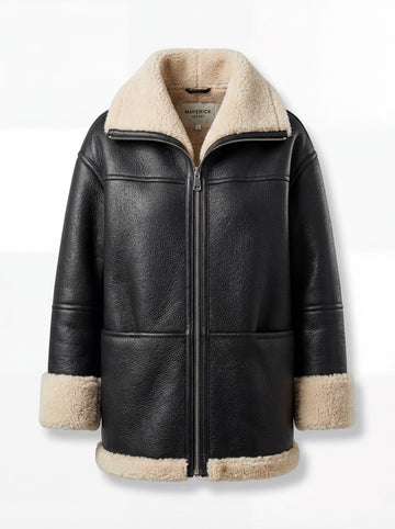 Women's black pebbled leather shearling aviator jacket with thick cream fur trim and silver zipper, Front View. The Lyra by Maverick Jacket.