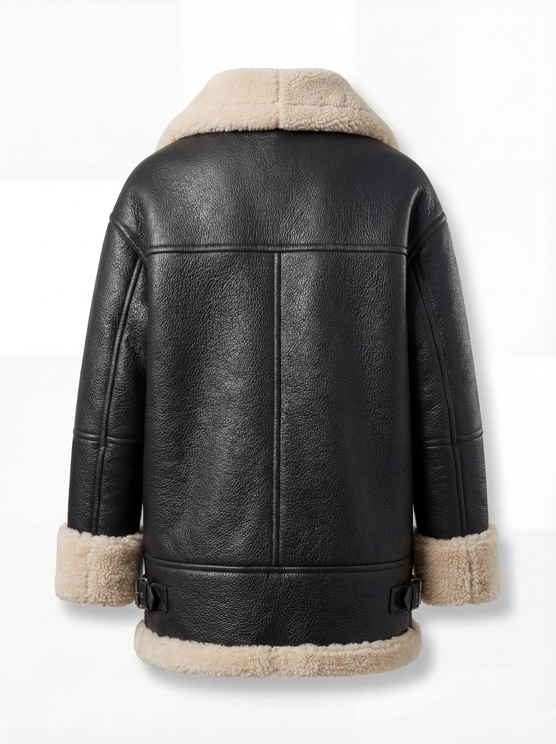 Women's black pebbled leather shearling aviator jacket with thick cream fur trim and silver zipper, Front View. The Lyra by Maverick Jacket.