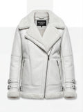 Women's white pebbled leather shearling biker jacket with silver asymmetric zipper and double buckle cuffs, Front View. The Polaris by Maverick Jacket.