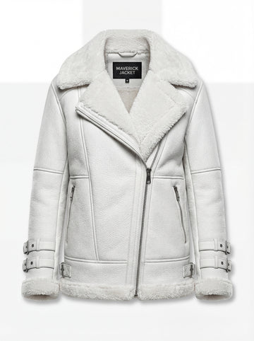 Women's white pebbled leather shearling biker jacket with silver asymmetric zipper and double buckle cuffs, Front View. The Polaris by Maverick Jacket.