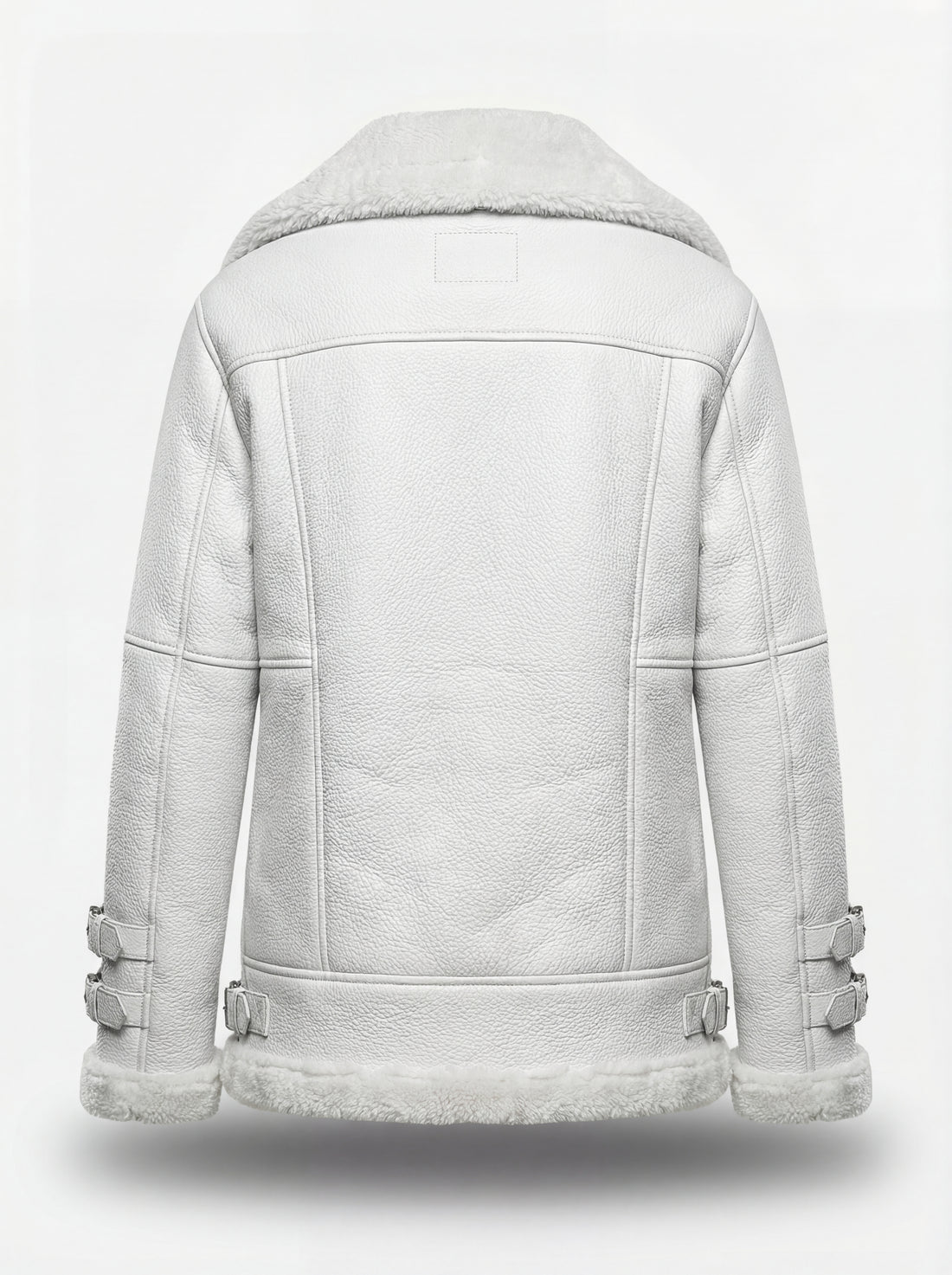 Women's white pebbled leather shearling biker jacket with silver asymmetric zipper and double buckle cuffs, Front View. The Polaris by Maverick Jacket.