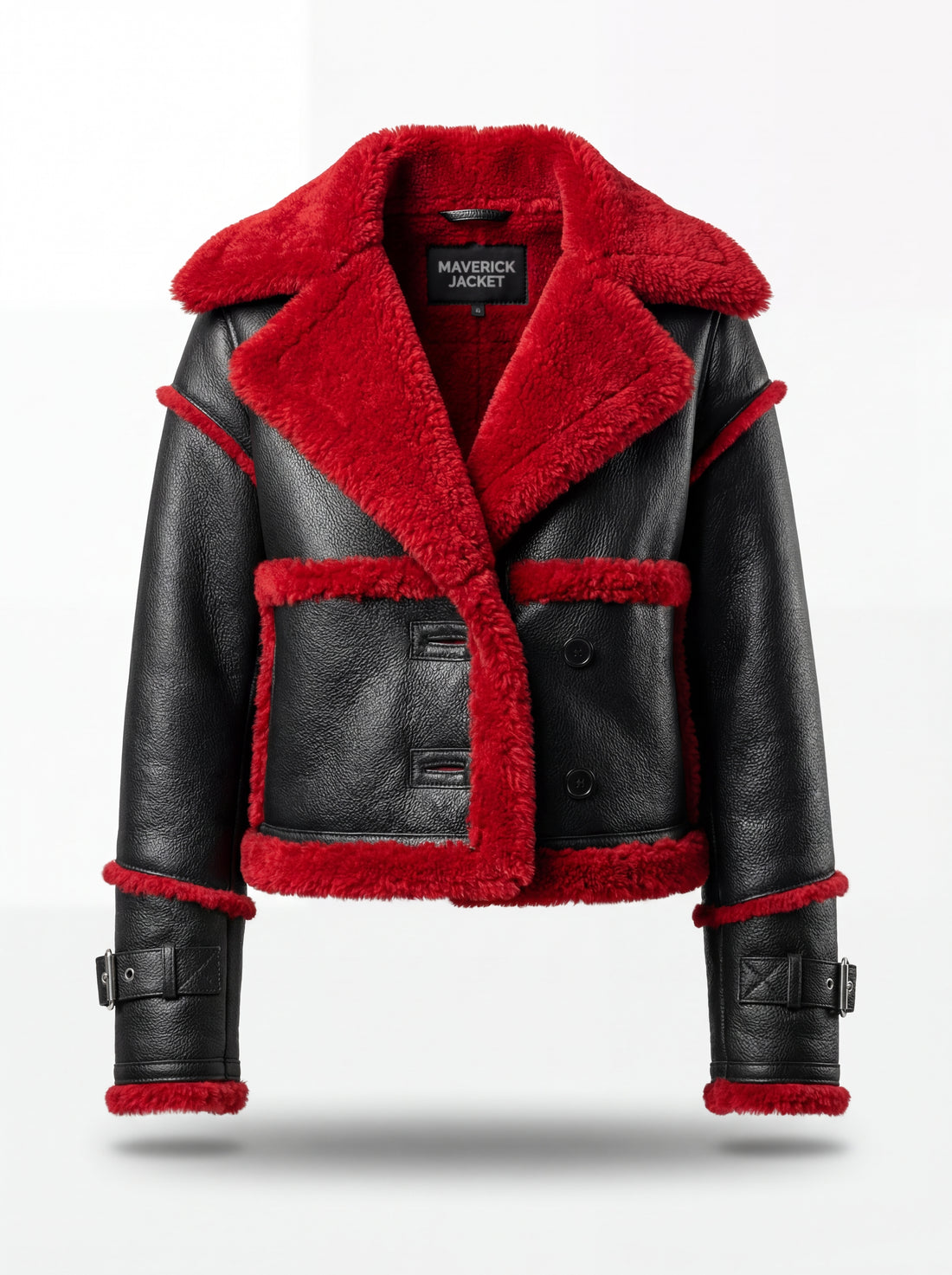 Women's black pebbled leather shearling biker jacket with oversized red fur notched lapels and cuff buckles, Front View. The Phoenix by Maverick Jacket.