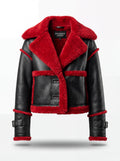 Women's black pebbled leather shearling biker jacket with oversized red fur notched lapels and cuff buckles, Front View. The Phoenix by Maverick Jacket.
