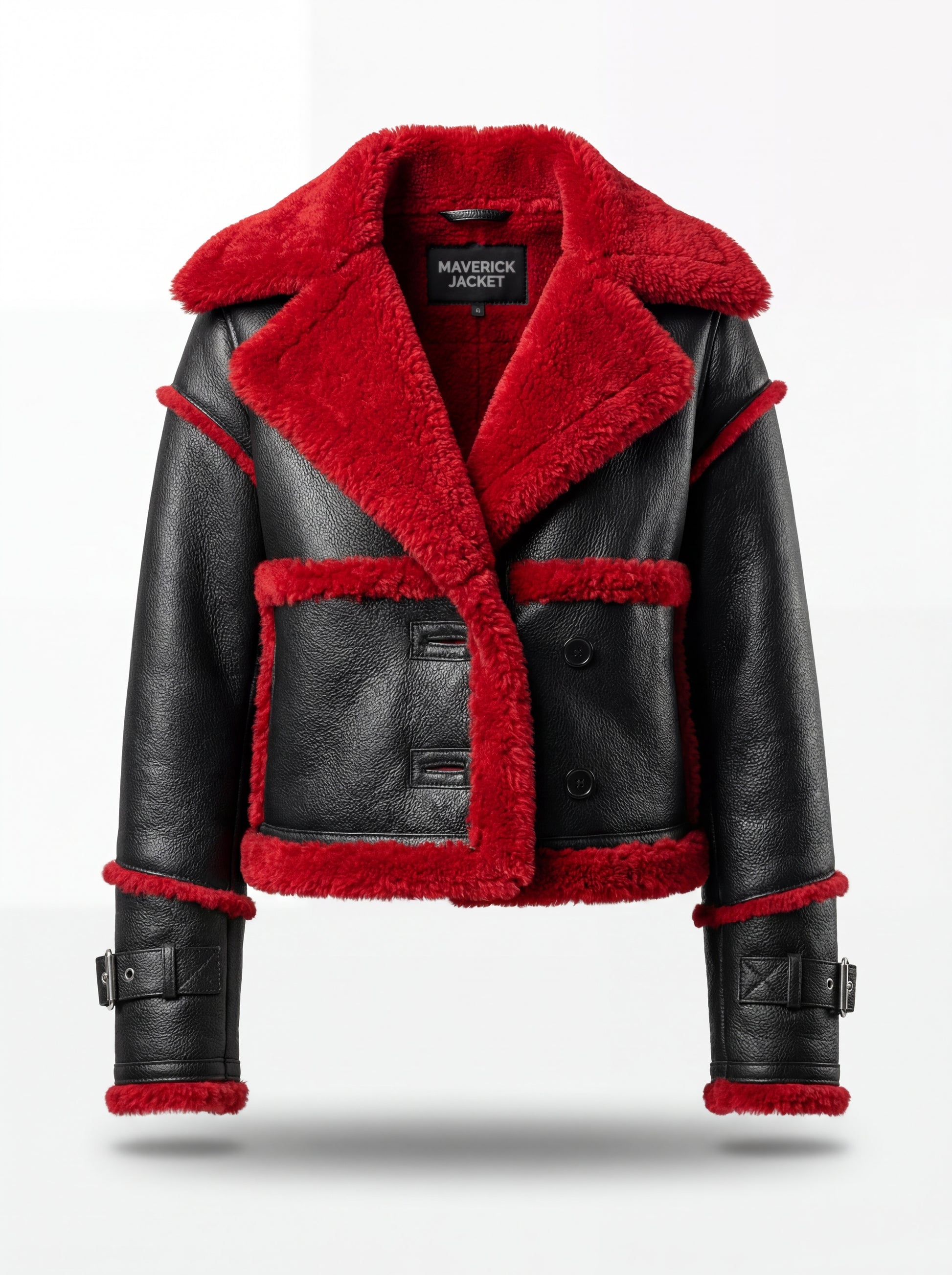 Women's black pebbled leather shearling biker jacket with oversized red fur notched lapels and cuff buckles, Front View. The Phoenix by Maverick Jacket.