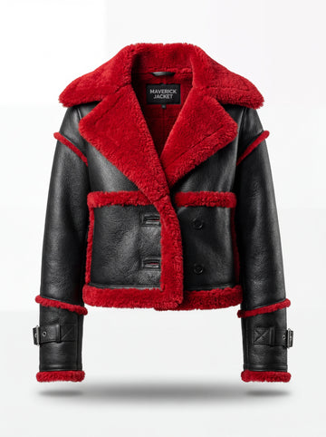 Women's black pebbled leather shearling biker jacket with oversized red fur notched lapels and cuff buckles, Front View. The Phoenix by Maverick Jacket.