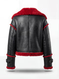 Rear view of black pebbled leather biker jacket showing red shearling trim seams and adjustable waist buckles. The Phoenix by Maverick Jacket.