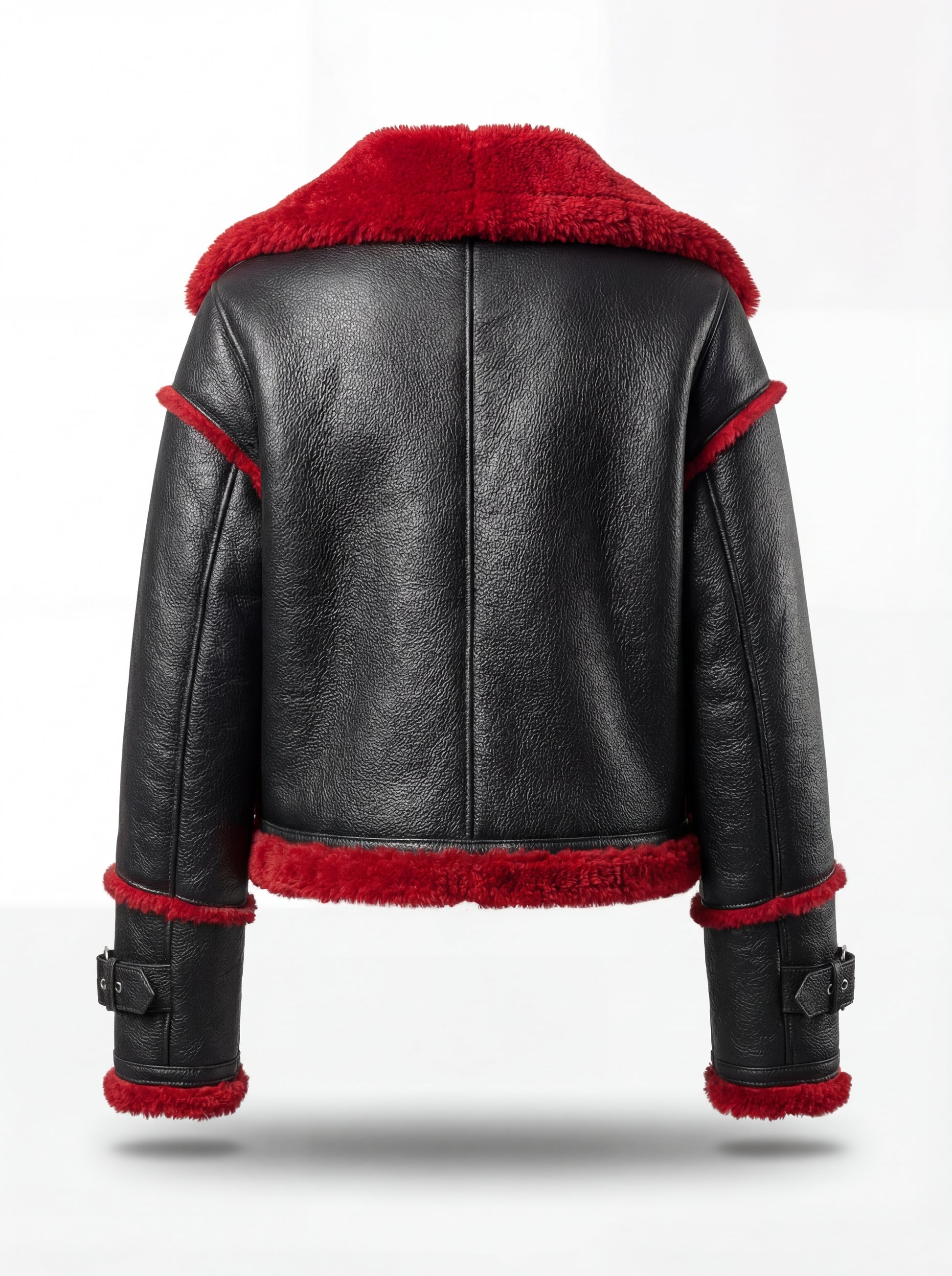 Rear view of black pebbled leather biker jacket showing red shearling trim seams and adjustable waist buckles. The Phoenix by Maverick Jacket.