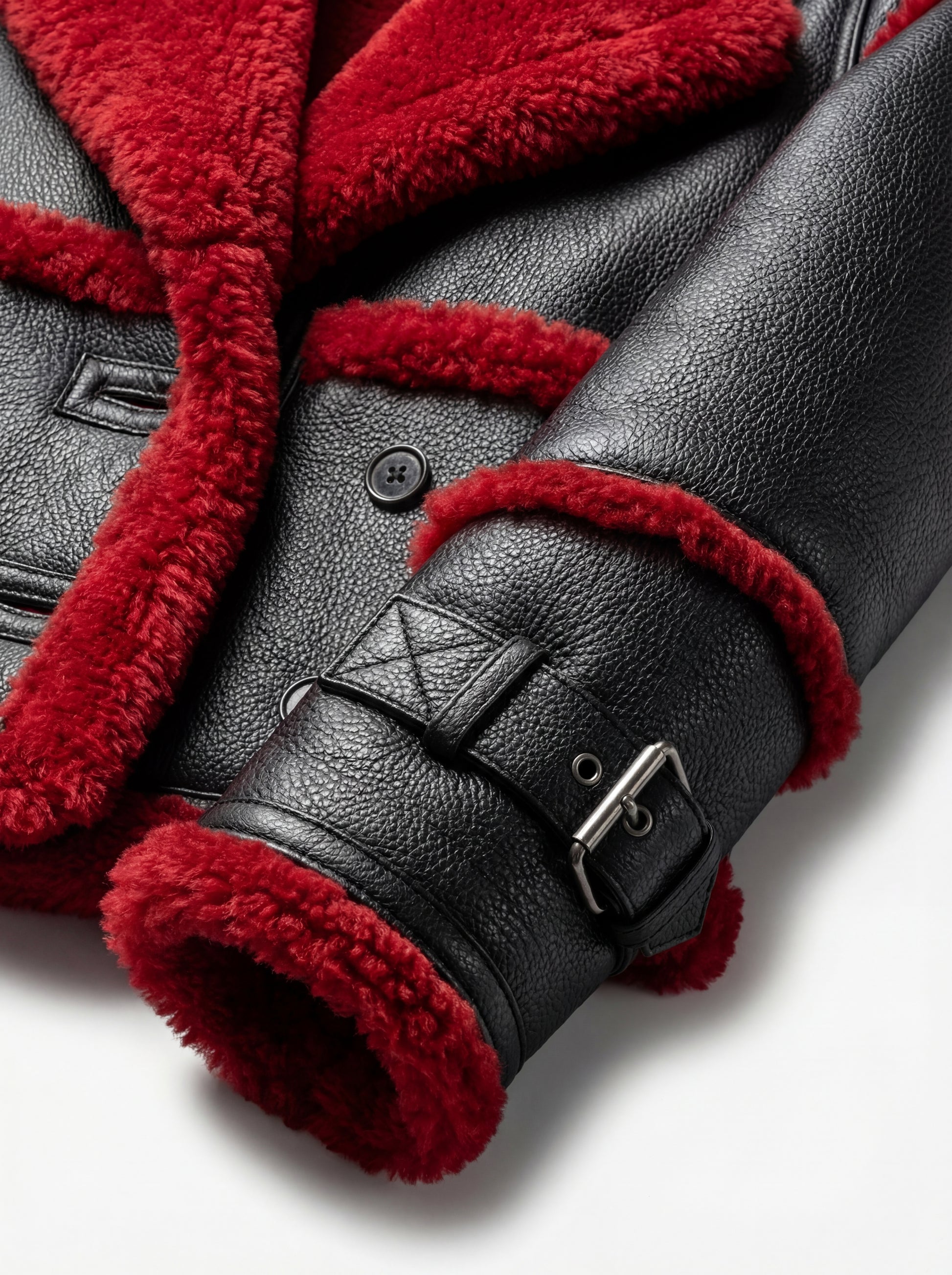 Macro shot of vibrant red shearling wool texture and black pebbled leather grain on biker jacket. The Phoenix by Maverick Jacket.
