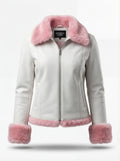 Women's white pebbled leather shearling biker jacket with pink fur collar and cuffs, Front View. The Venus by Maverick Jacket.