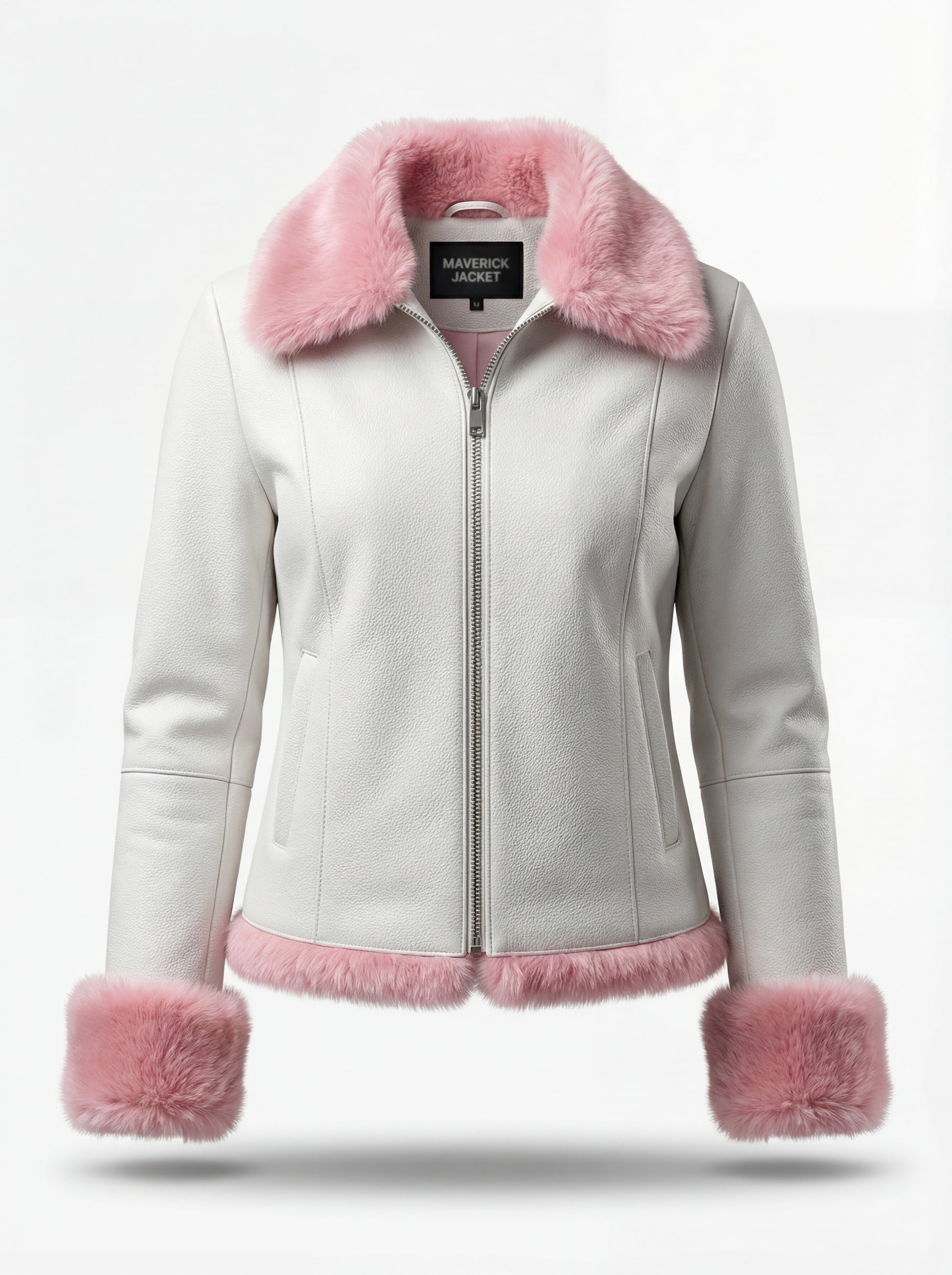Women's white pebbled leather shearling biker jacket with pink fur collar and cuffs, Front View. The Venus by Maverick Jacket.
