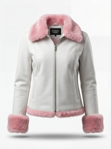 Women's white pebbled leather shearling biker jacket with pink fur collar and cuffs, Front View. The Venus by Maverick Jacket.