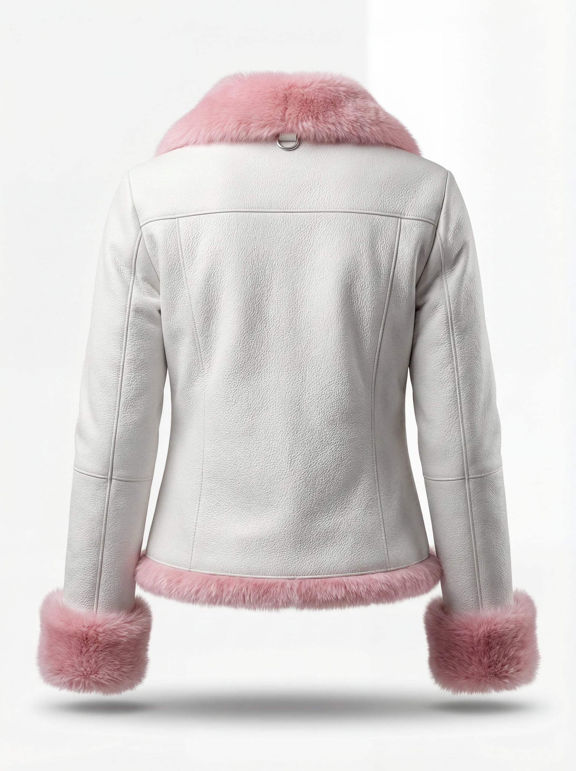 Rear view of white pebbled leather biker jacket showing vertical center seam and pink shearling hem. The Venus by Maverick Jacket.