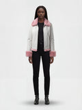 Female model wearing Maverick Venus shearling biker jacket, slim fit, styled with black skinny jeans. Maverick Jacket.
