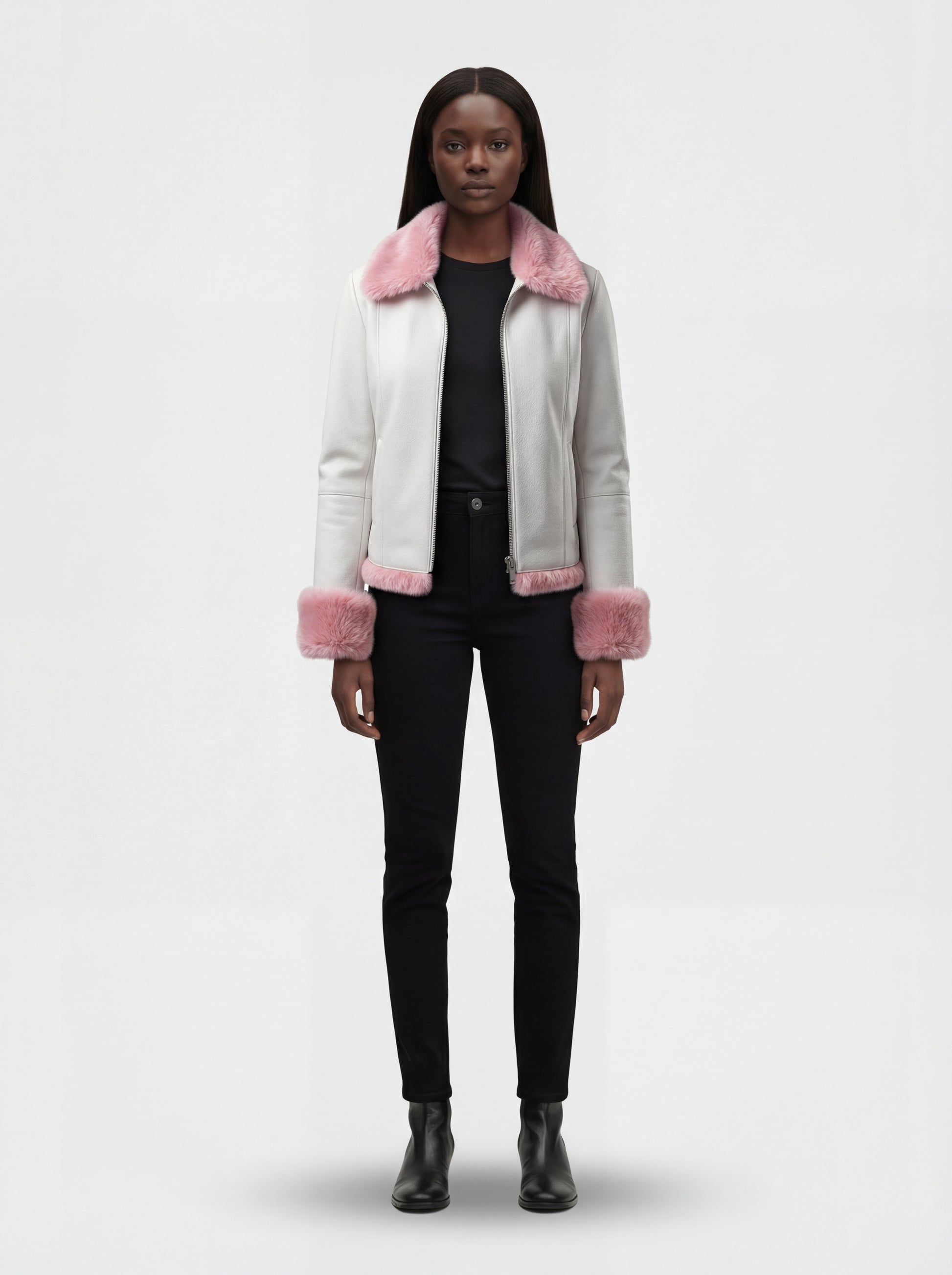 Female model wearing Maverick Venus shearling biker jacket, slim fit, styled with black skinny jeans. Maverick Jacket.
