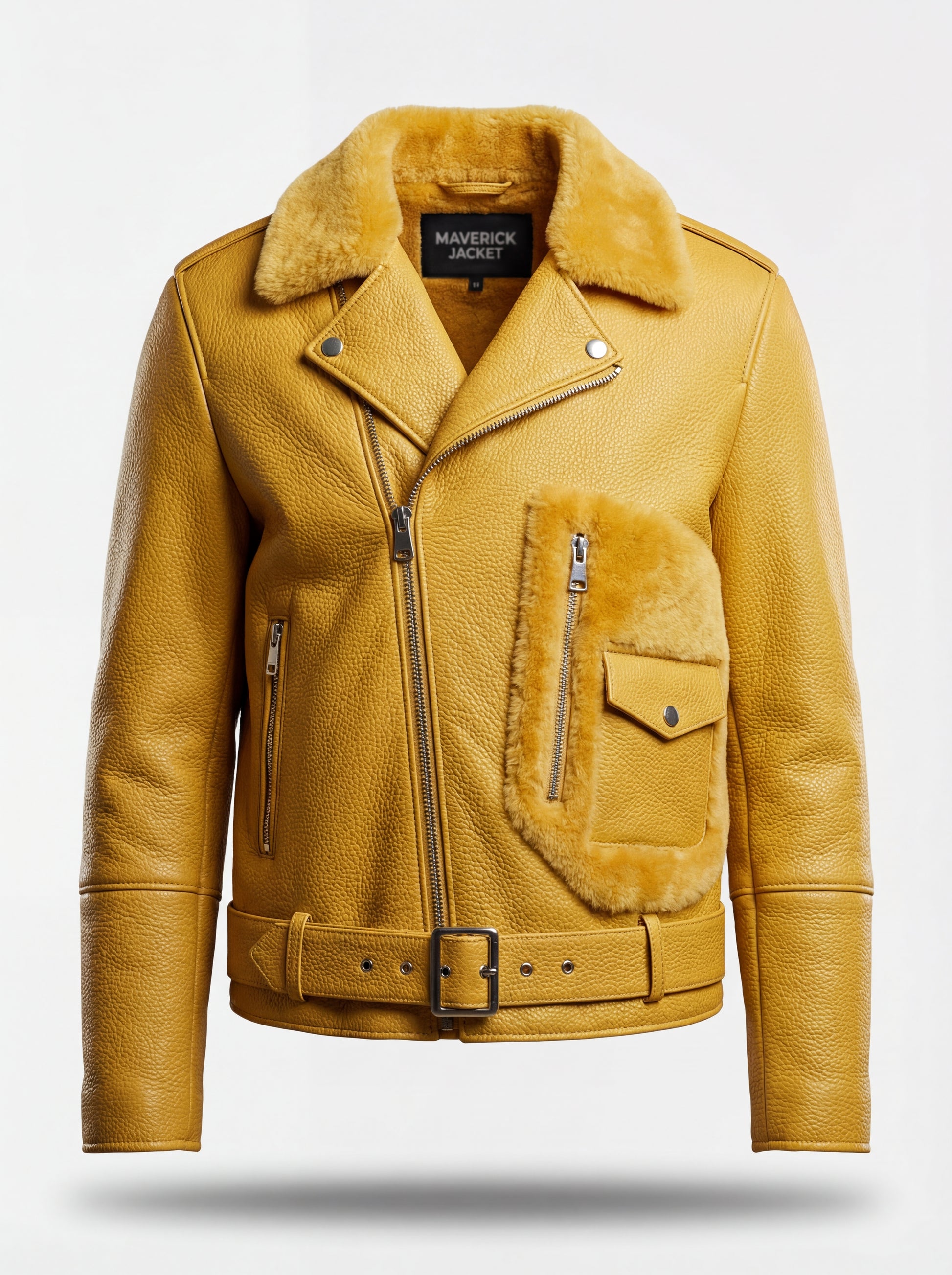 Women's yellow pebbled leather shearling biker jacket with shearling patch pocket and belted hem, Front View. The Solar by Maverick Jacket.