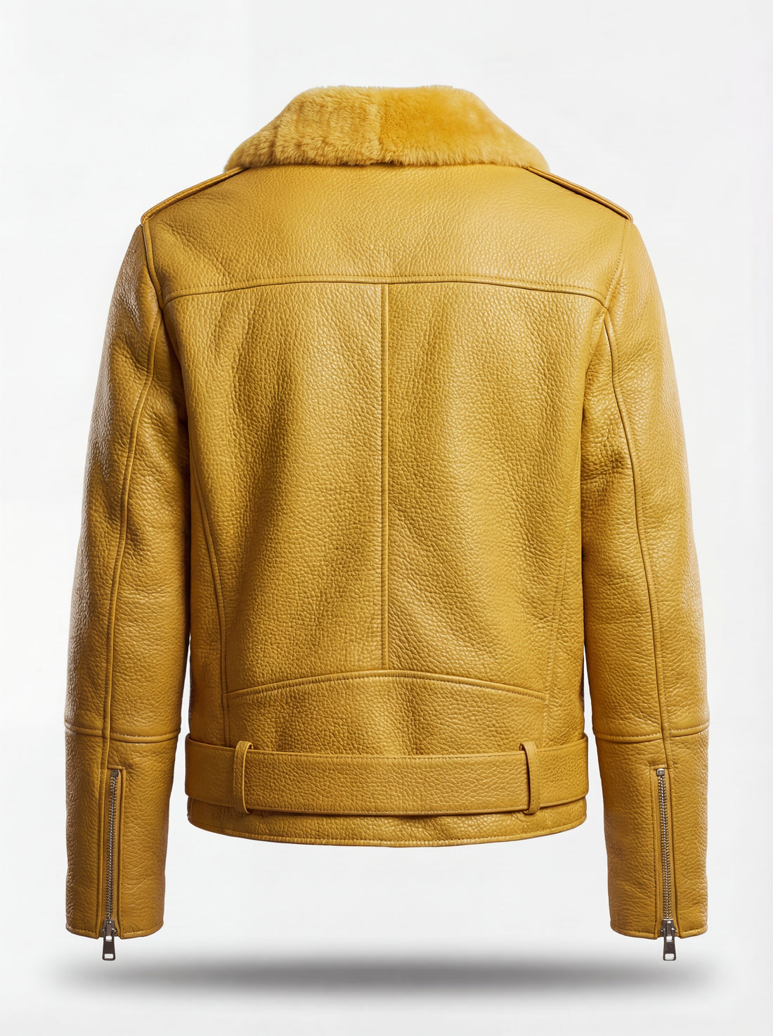 Women's yellow pebbled leather shearling biker jacket with shearling patch pocket and belted hem, Front View. The Solar by Maverick Jacket.