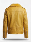 Rear view of yellow pebbled leather biker jacket showing structured back paneling and adjustable waist belt. The Solar by Maverick Jacket.