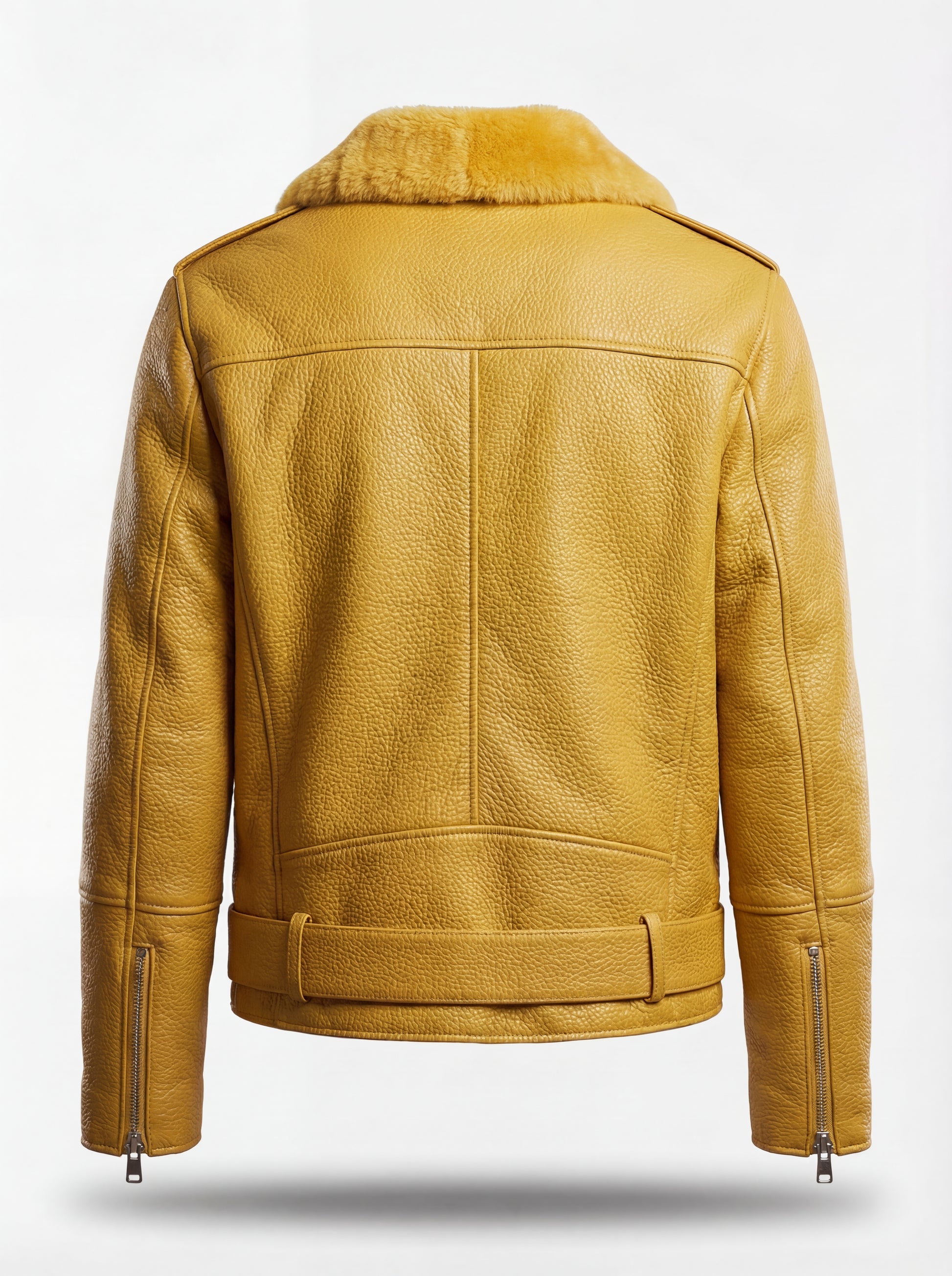 Rear view of yellow pebbled leather biker jacket showing structured back paneling and adjustable waist belt. The Solar by Maverick Jacket.