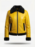 Women's yellow pebbled leather shearling jacket with contrasting black fur collar and cuffs, Front View. The Voltage by Maverick Jacket.