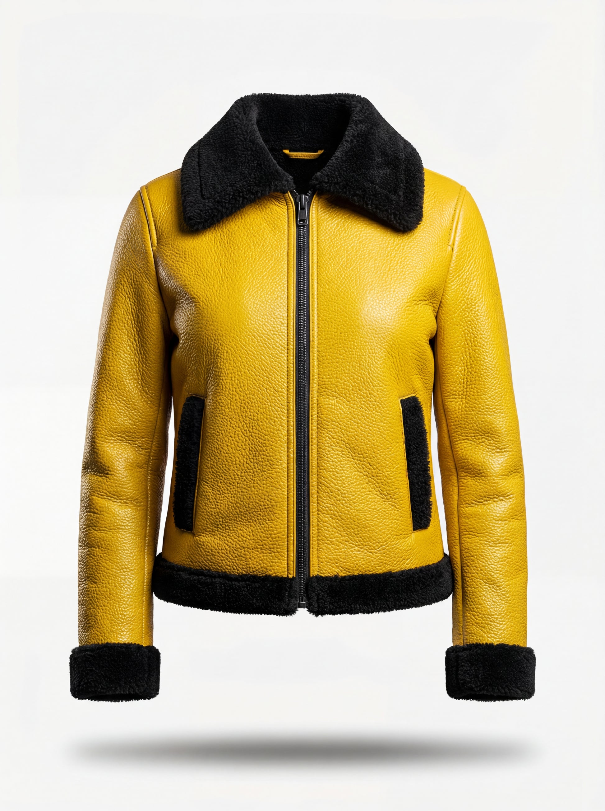 Women's yellow pebbled leather shearling jacket with contrasting black fur collar and cuffs, Front View. The Voltage by Maverick Jacket.