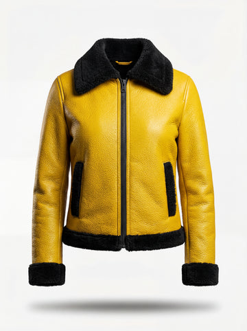 Women's yellow pebbled leather shearling jacket with contrasting black fur collar and cuffs, Front View. The Voltage by Maverick Jacket.
