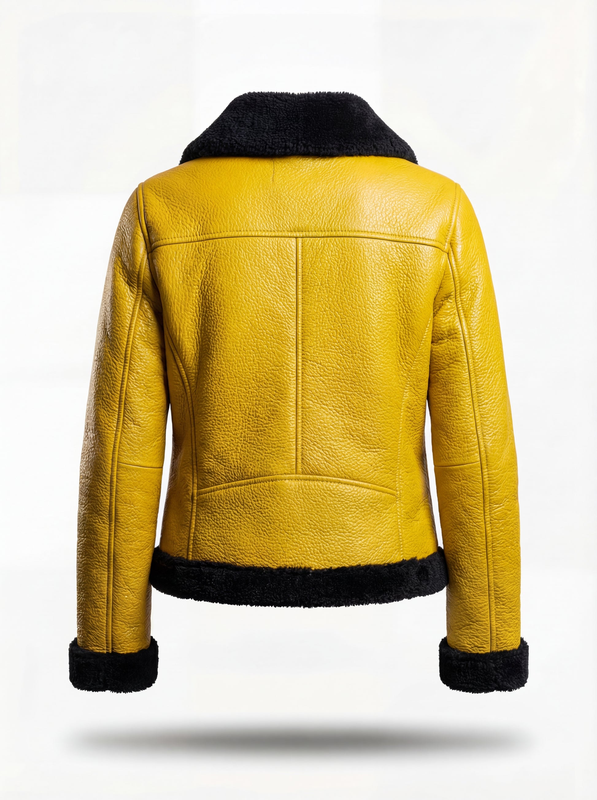 Rear view of yellow pebbled leather shearling jacket showing structured T-shaped back paneling and black fur hem. The Voltage by Maverick Jacket.