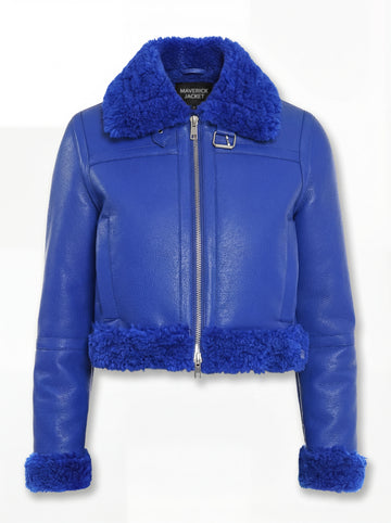 Women's blue pebbled leather shearling biker jacket with matching blue fur collar and silver throat buckle, Front View. The Cobalt by Maverick Jacket.