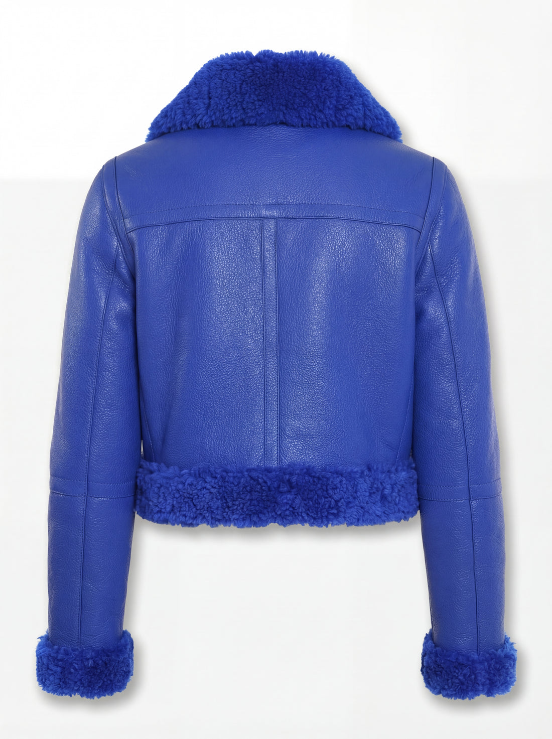 Women's blue pebbled leather shearling biker jacket with matching blue fur collar and silver throat buckle, Front View. The Cobalt by Maverick Jacket.