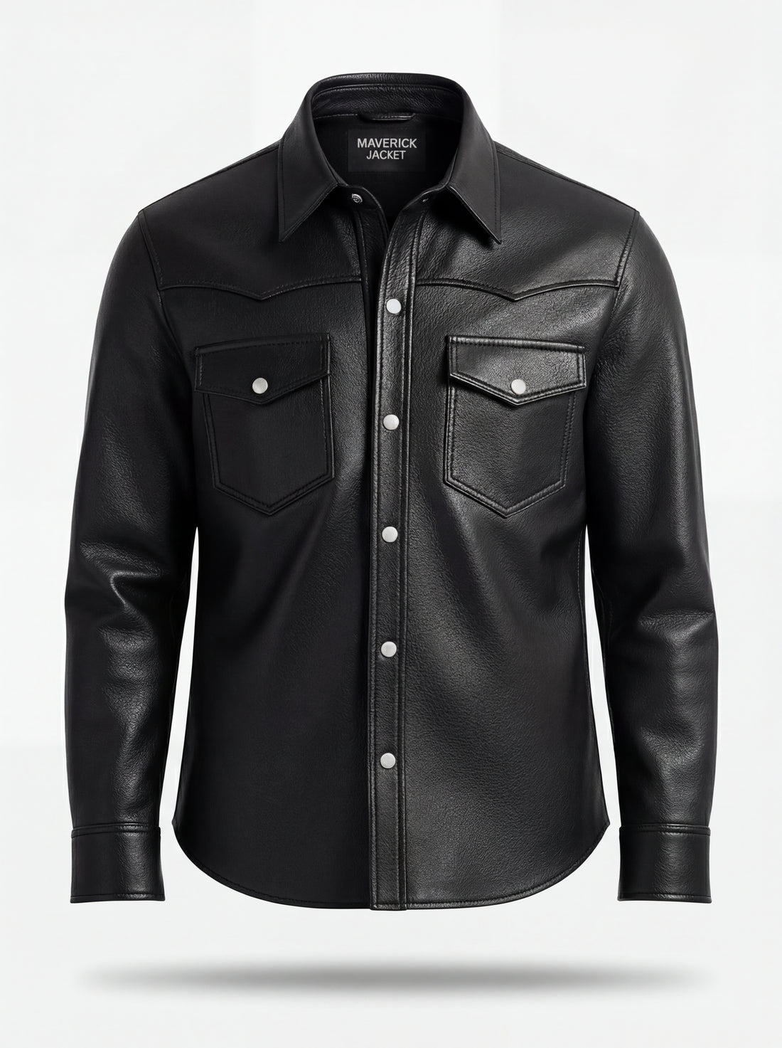 Men's black leather western shirt with pointed western yoke and dual chest flap pockets, Front View. Maverick Easton.