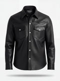 Men's black leather western shirt with pointed western yoke and dual chest flap pockets, Front View. Maverick Easton.