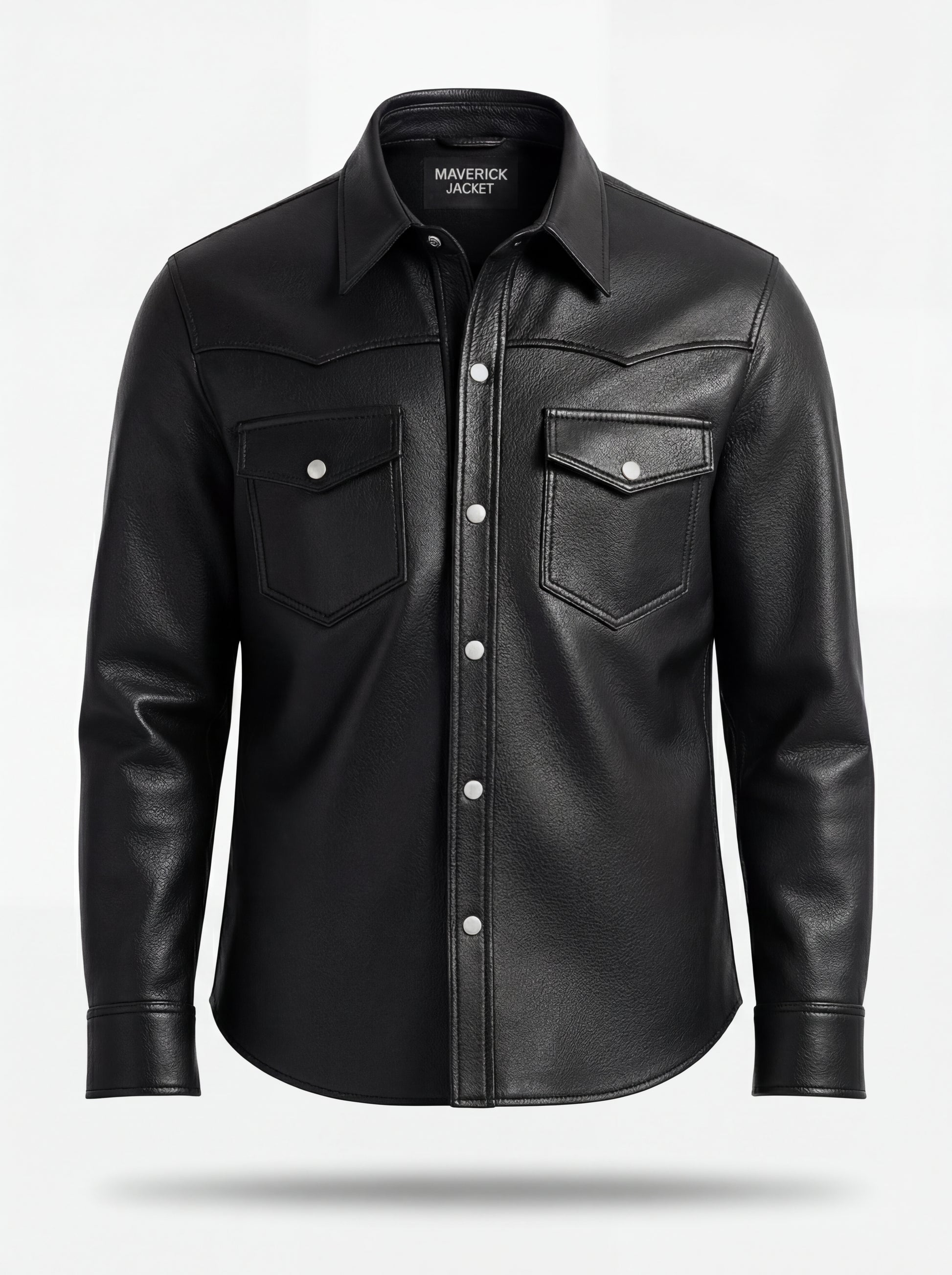 Men's black leather western shirt with pointed western yoke and dual chest flap pockets, Front View. Maverick Easton.