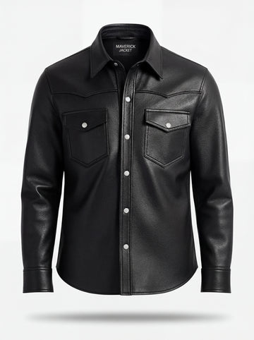 Men's black leather western shirt with pointed western yoke and dual chest flap pockets, Front View. Maverick Easton.
