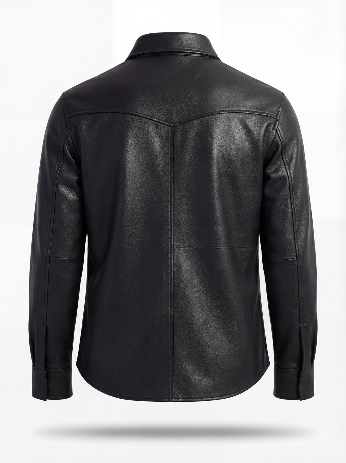 Men's black leather western shirt with pointed western yoke and dual chest flap pockets, Front View. Maverick Easton.
