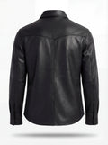 Rear view of black leather western shirt showing pointed western back yoke and center seam. Maverick Easton.