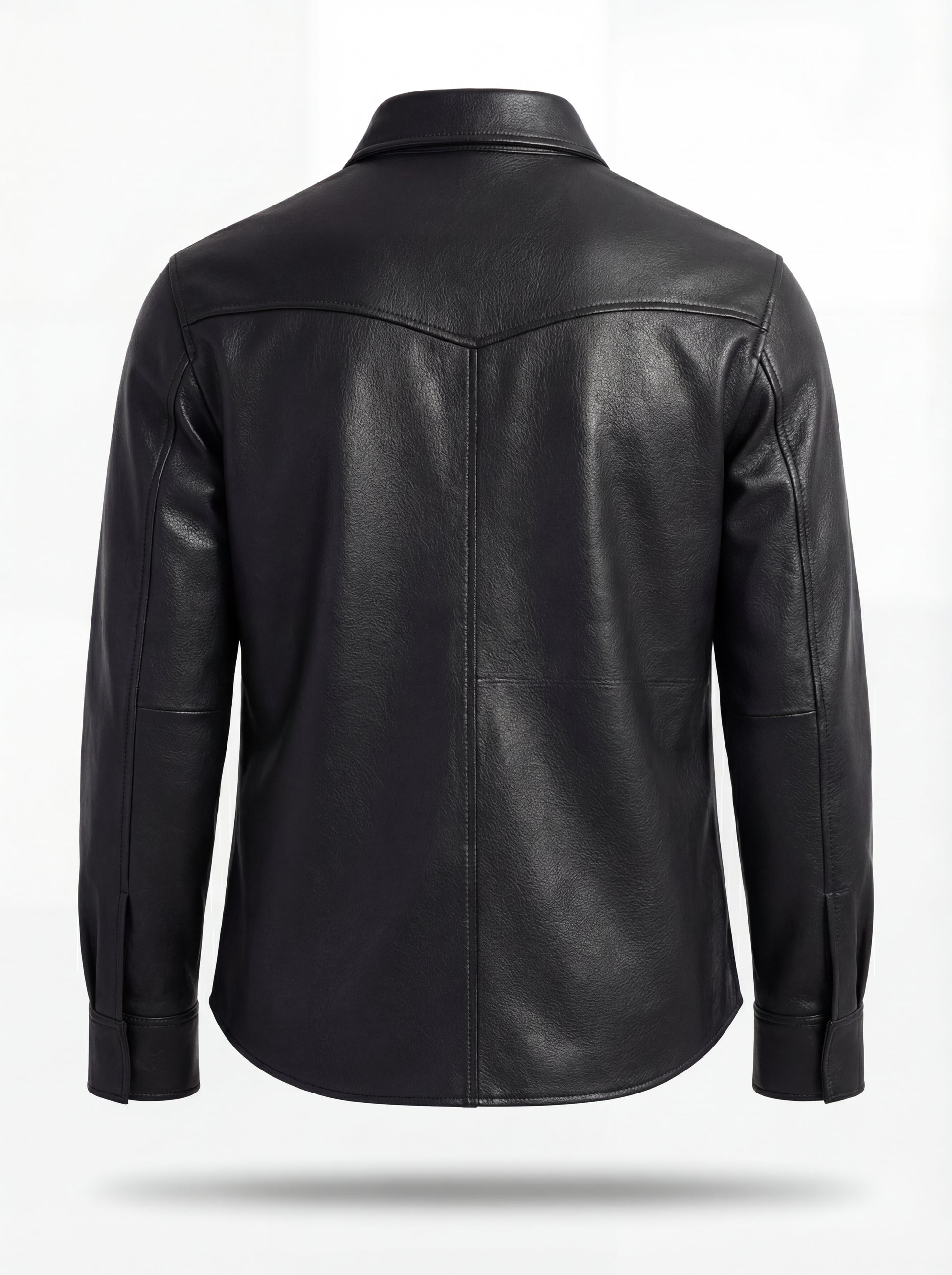 Rear view of black leather western shirt showing pointed western back yoke and center seam. Maverick Easton.