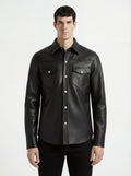 Male model wearing Maverick Easton leather western shirt, regular fit, styled with black jeans. Maverick Jacket.