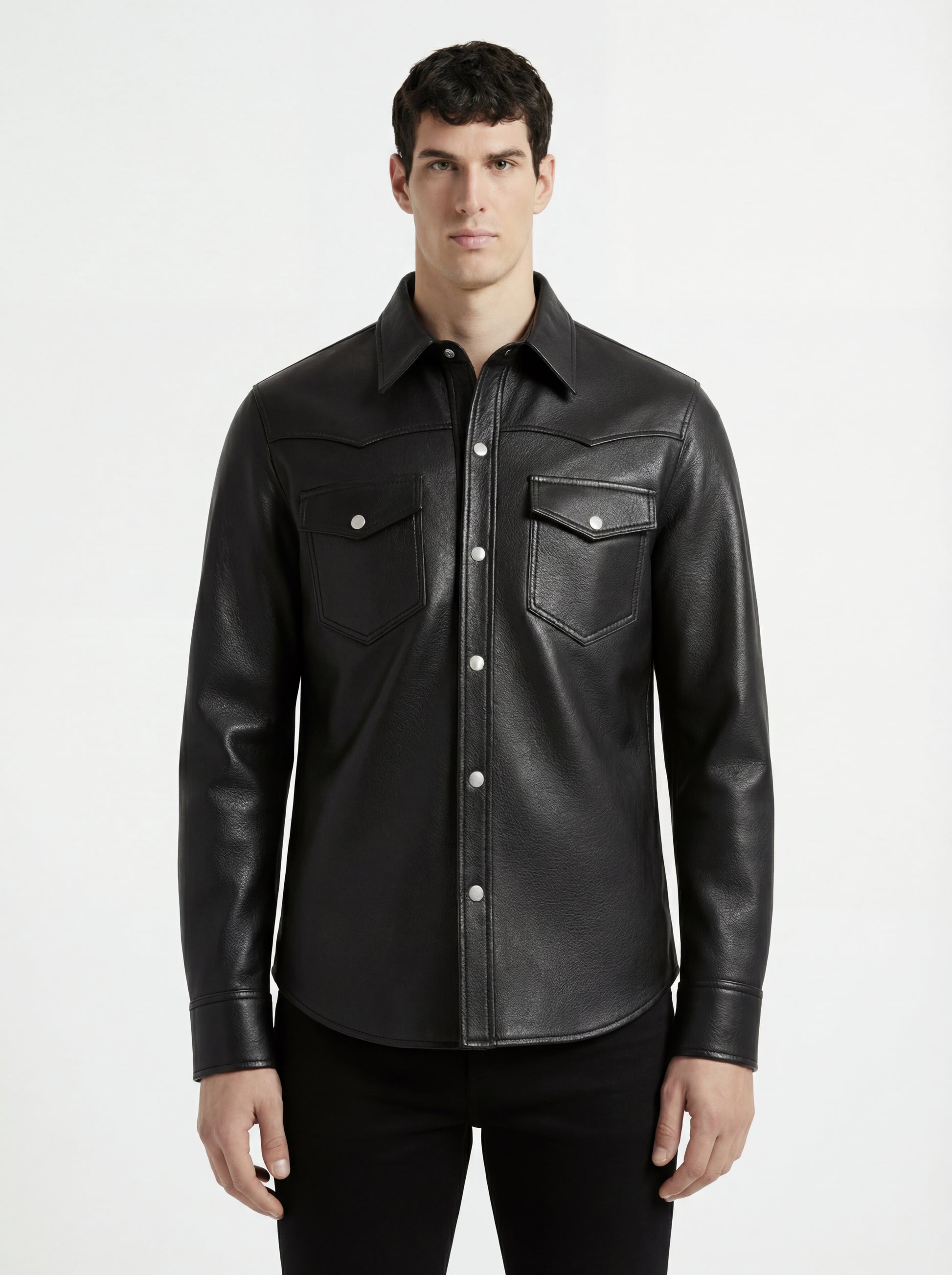 Male model wearing Maverick Easton leather western shirt, regular fit, styled with black jeans. Maverick Jacket.