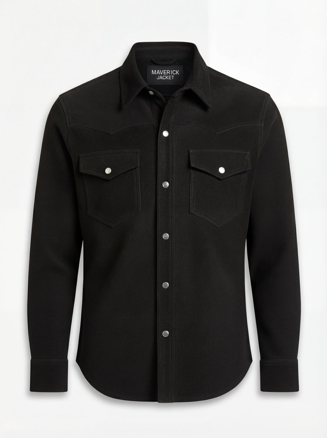 Men's black suede western shirt with pointed western yokes and dual chest flap pockets, Front View. The Cole by Maverick Jacket.