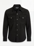 Men's black suede western shirt with pointed western yokes and dual chest flap pockets, Front View. The Cole by Maverick Jacket.