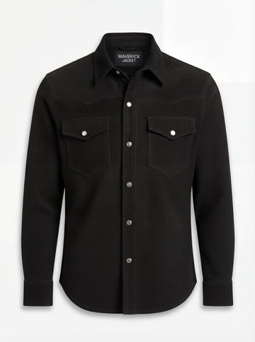 Men's black suede western shirt with pointed western yokes and dual chest flap pockets, Front View. The Cole by Maverick Jacket.