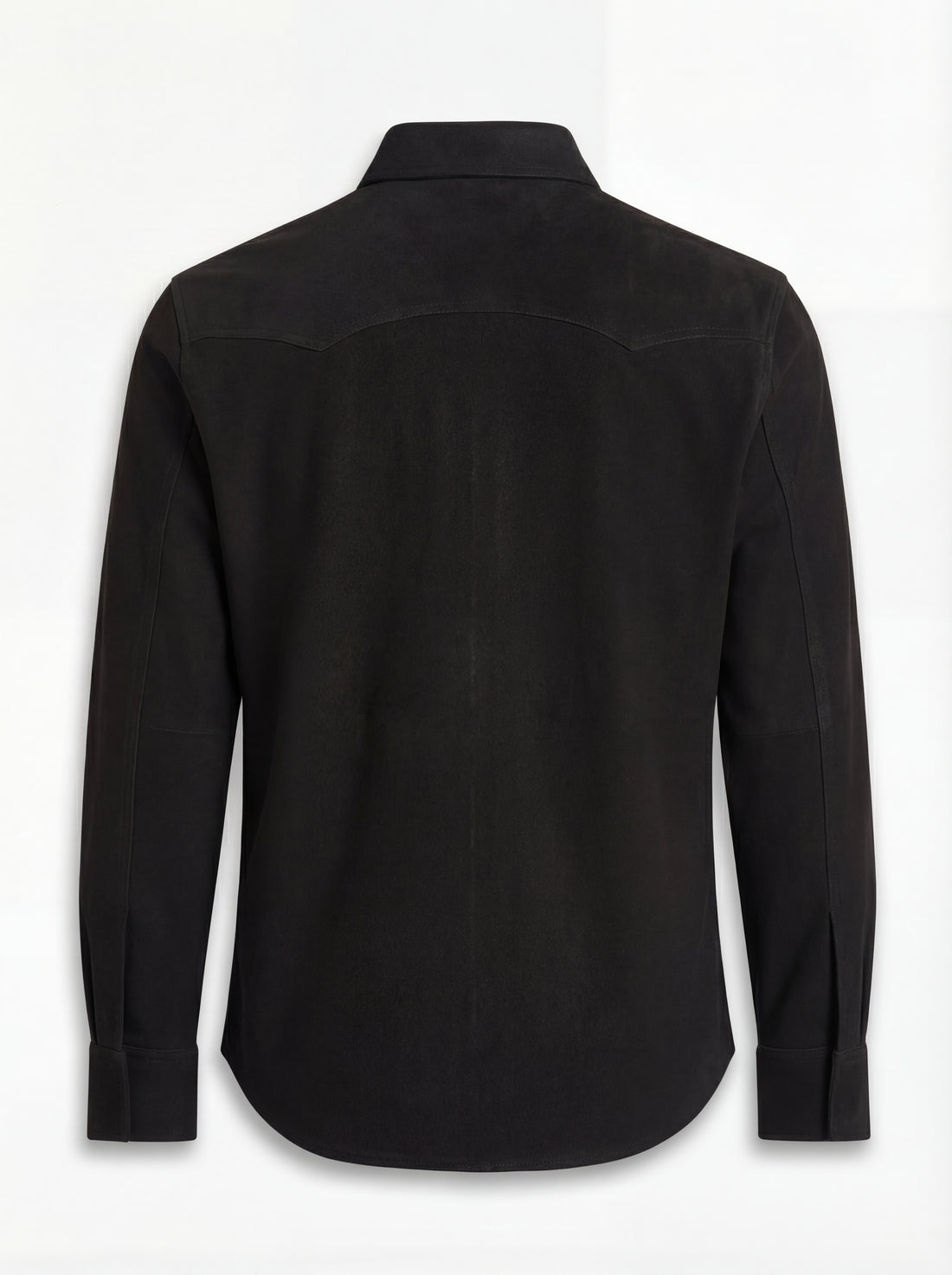 Men's black suede western shirt with pointed western yokes and dual chest flap pockets, Front View. The Cole by Maverick Jacket.