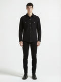Male model wearing Maverick Cole black suede western shirt, regular fit, styled with black jeans. Maverick Jacket.