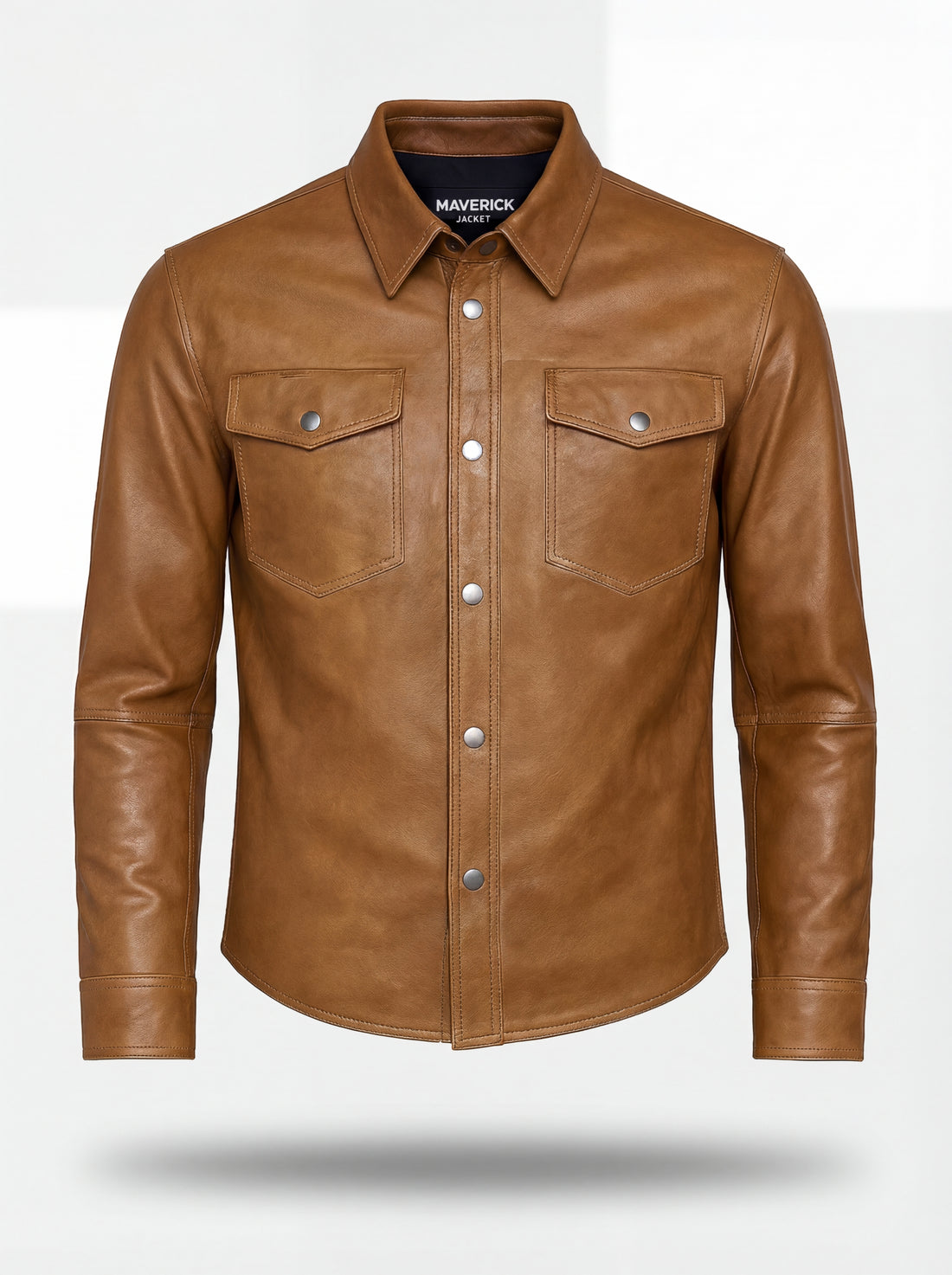Men's tan leather western shirt with pointed western yoke and dual chest flap pockets, Front View. The Colton by Maverick Jacket.