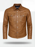 Men's tan leather western shirt with pointed western yoke and dual chest flap pockets, Front View. The Colton by Maverick Jacket.