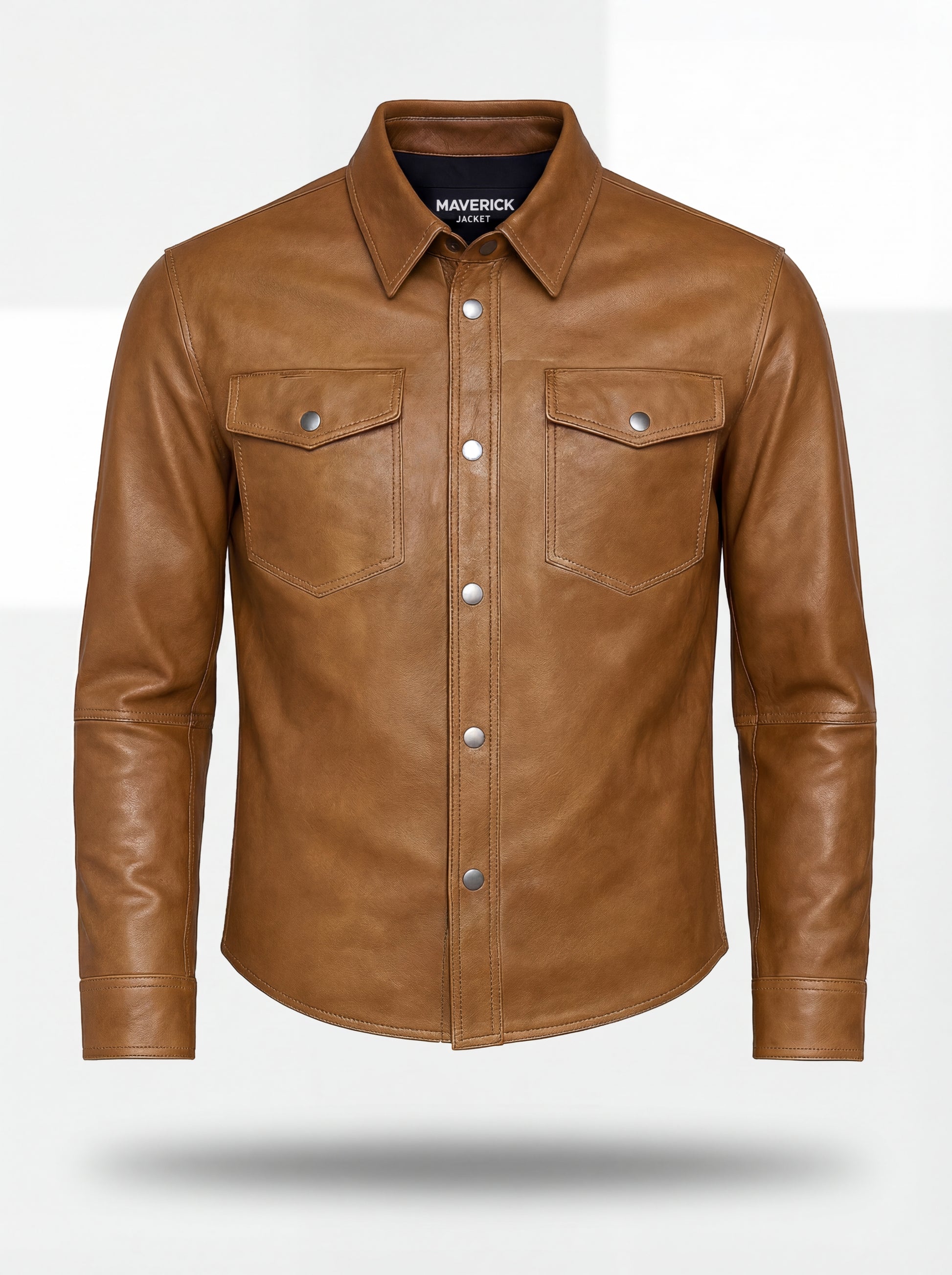 Men's tan leather western shirt with pointed western yoke and dual chest flap pockets, Front View. The Colton by Maverick Jacket.