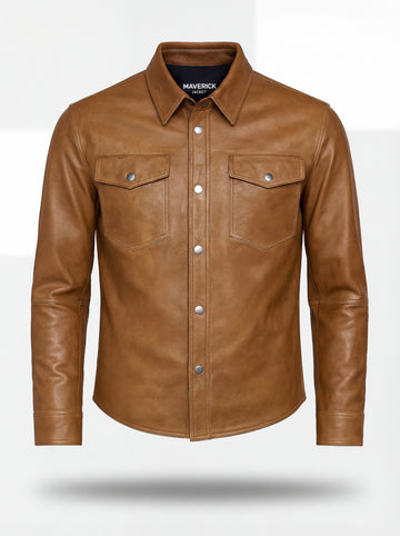 Men's tan leather western shirt with pointed western yoke and dual chest flap pockets, Front View. The Colton by Maverick Jacket.