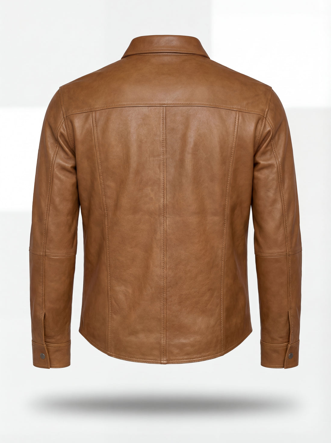 Men's tan leather western shirt with pointed western yoke and dual chest flap pockets, Front View. The Colton by Maverick Jacket.